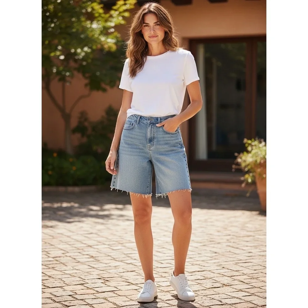Camila Coelho High Waist Midi Studded Denim Shorts Light Wash Blue‎ Boho Rocker